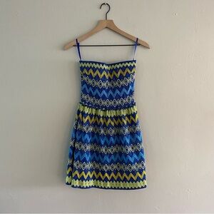 Francesca’s Dina Be Blue Zig Zag Strapless Fit & Flare Dress